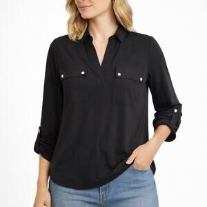 Jones New York Womens Roll Tab Sleeve Tunic Top Utility Stretch Casual Black S